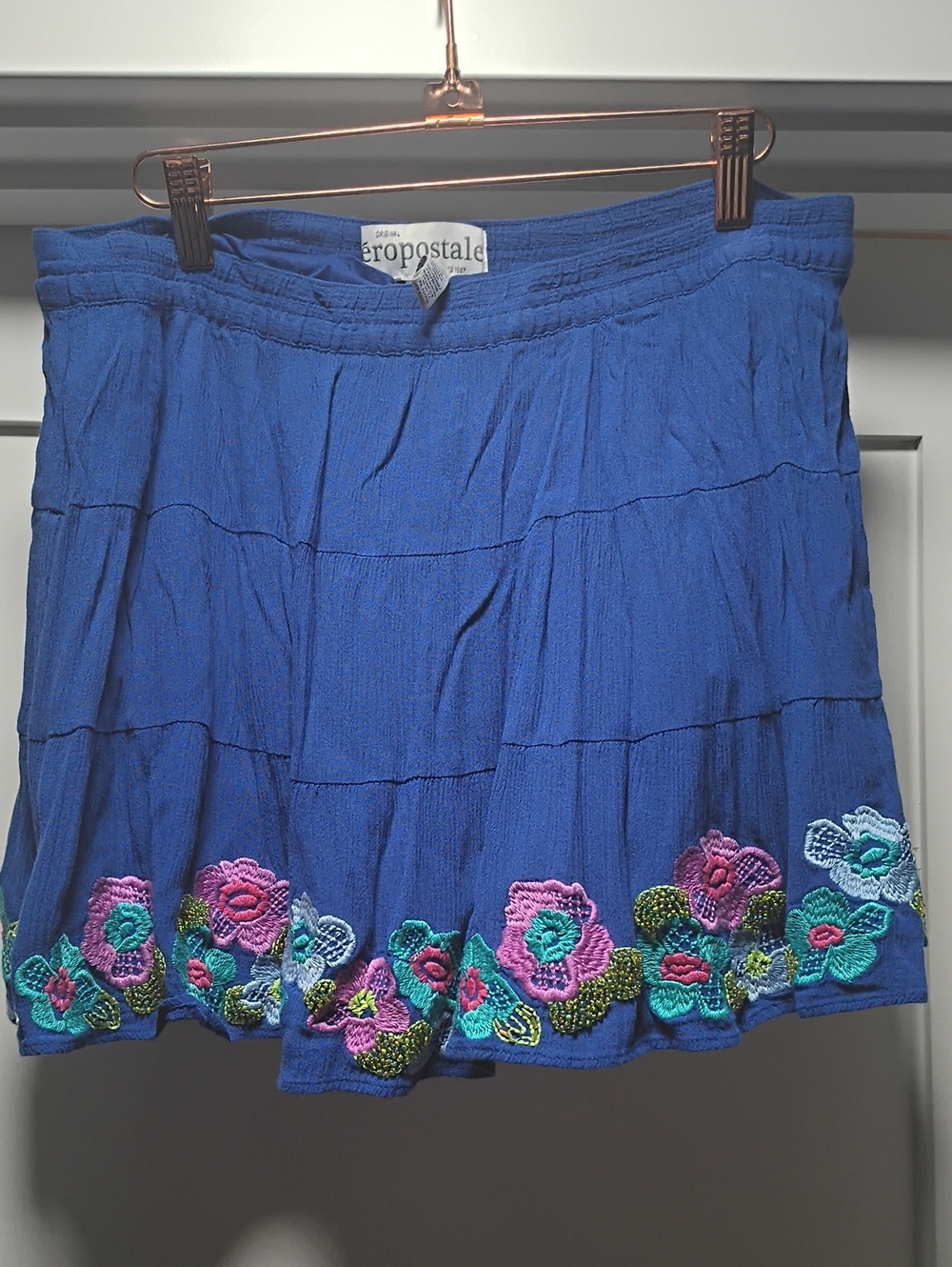 Aeropostale Navy Blue Tiered Mini Skirt with Multicolor Floral Embroidery